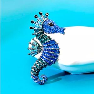 Blue Rhinestone Seahorse Brooch Pendant